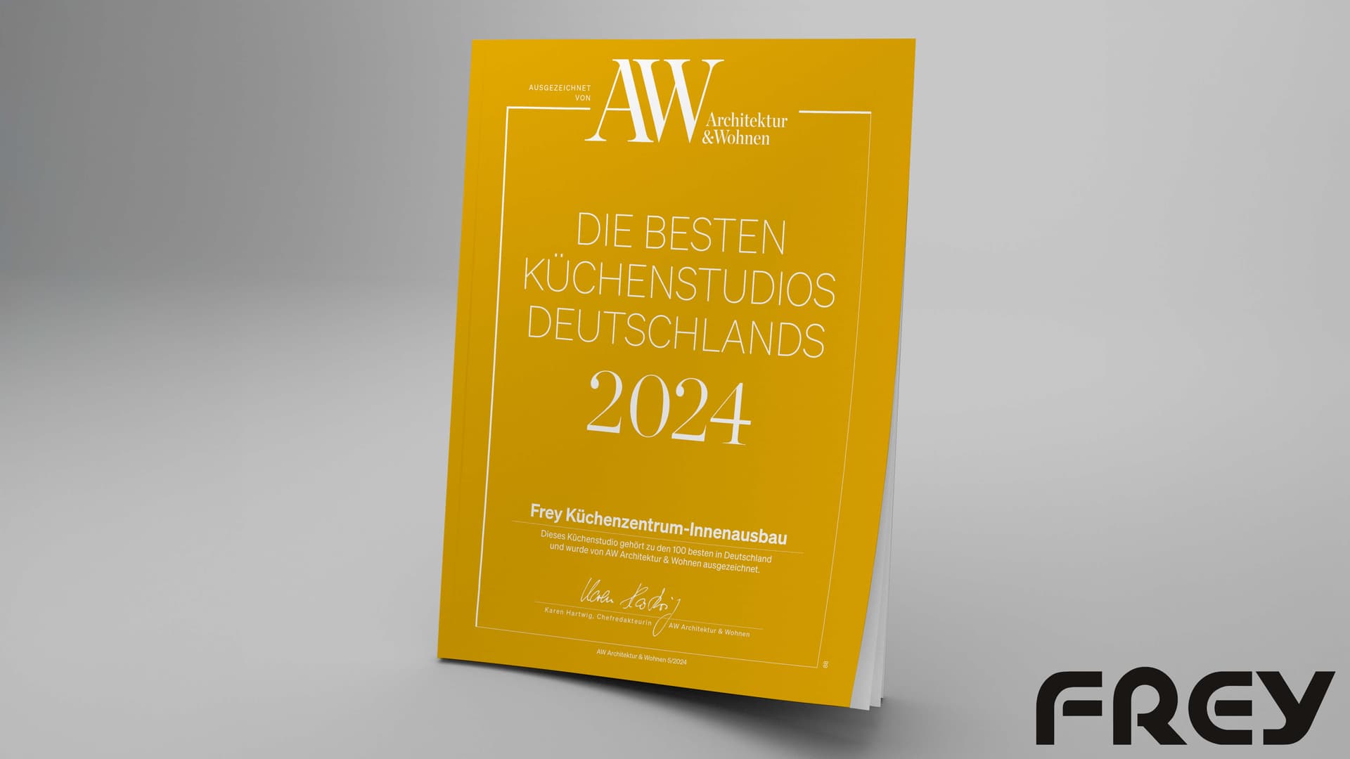 Maquette du hors-série AW « Die besten Küchenstudios Deutschlands 2024 » (AW Architektur & Wohnen 5/2024) avec le logo Frey
