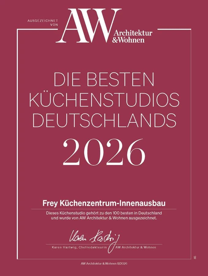 Diplôme AW « Die besten Küchenstudios Deutschlands 2026 » pour Frey Küchenzentrum-Innenausbau