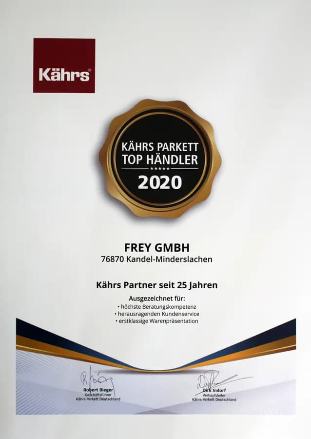 Diplôme Kährs Parkett « Top Händler 2020 » pour Frey GmbH, partenaire depuis 25 ans