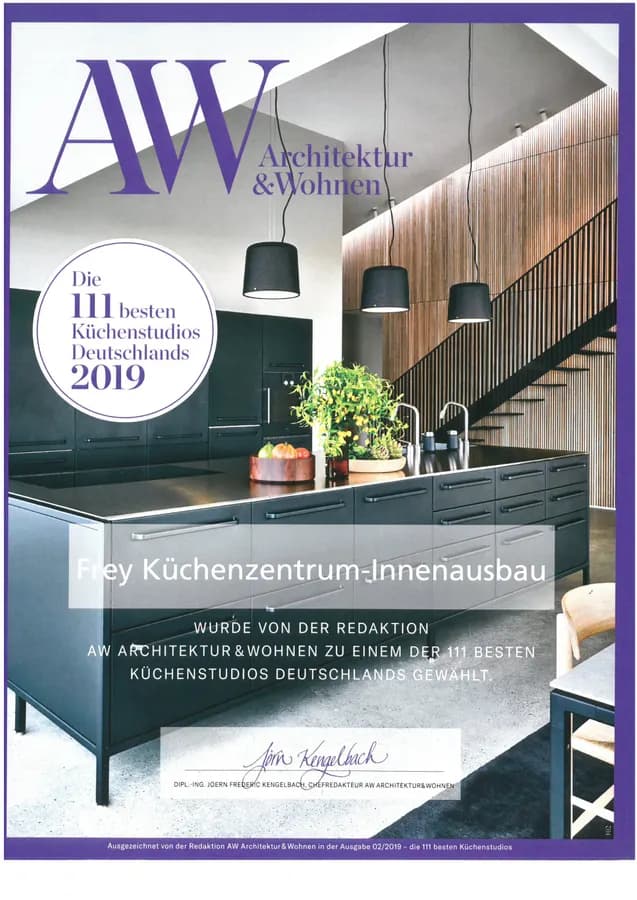 Diplôme AW « Die 111 besten Küchenstudios Deutschlands 2019 » pour Frey Küchenzentrum-Innenausbau