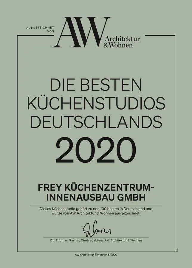 Diplôme AW « Die besten Küchenstudios Deutschlands 2020 » pour Frey Küchenzentrum-Innenausbau