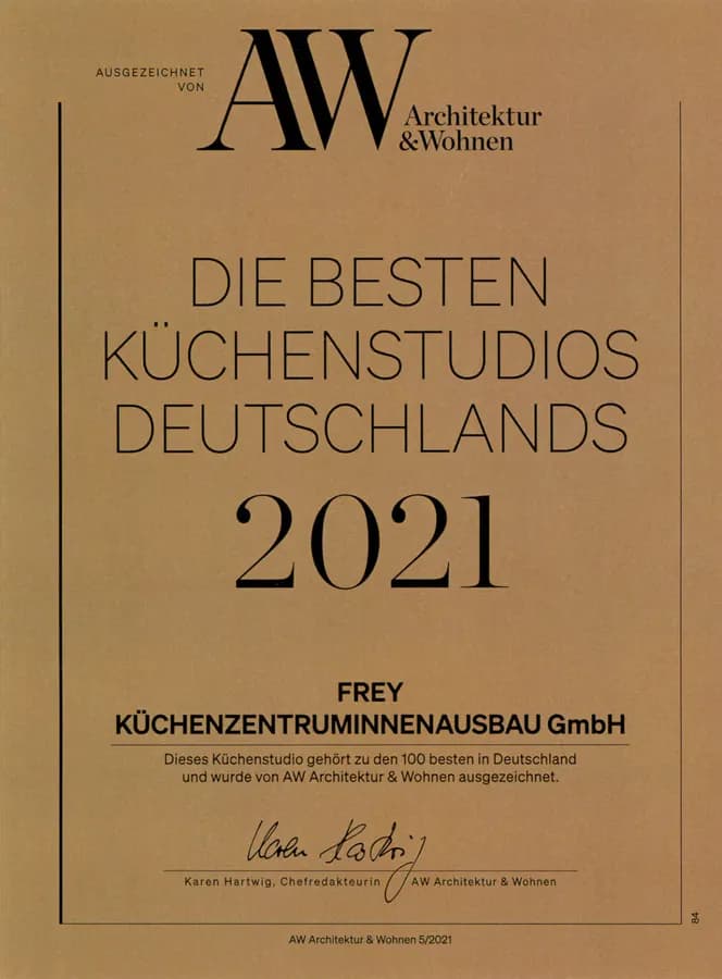 Diplôme AW « Die besten Küchenstudios Deutschlands 2021 » pour Frey Küchenzentrum-Innenausbau
