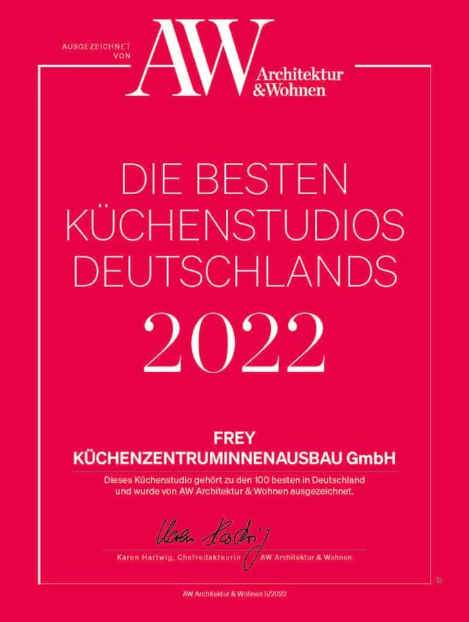 Diplôme AW « Die besten Küchenstudios Deutschlands 2022 » pour Frey Küchenzentrum-Innenausbau