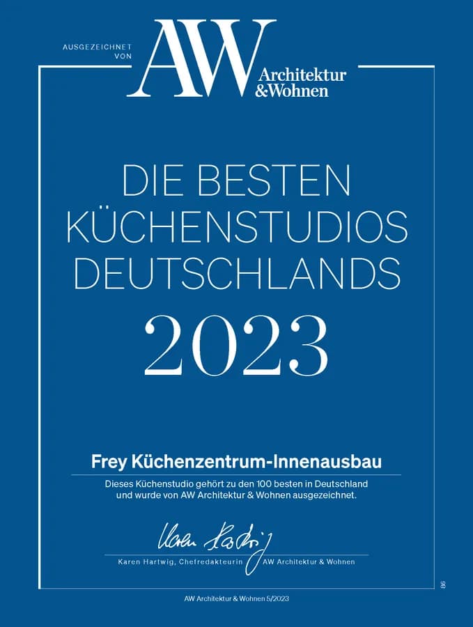 Diplôme AW « Die besten Küchenstudios Deutschlands 2023 » pour Frey Küchenzentrum-Innenausbau
