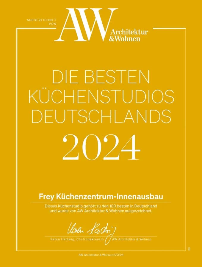 Diplôme AW « Die besten Küchenstudios Deutschlands 2024 » pour Frey Küchenzentrum-Innenausbau