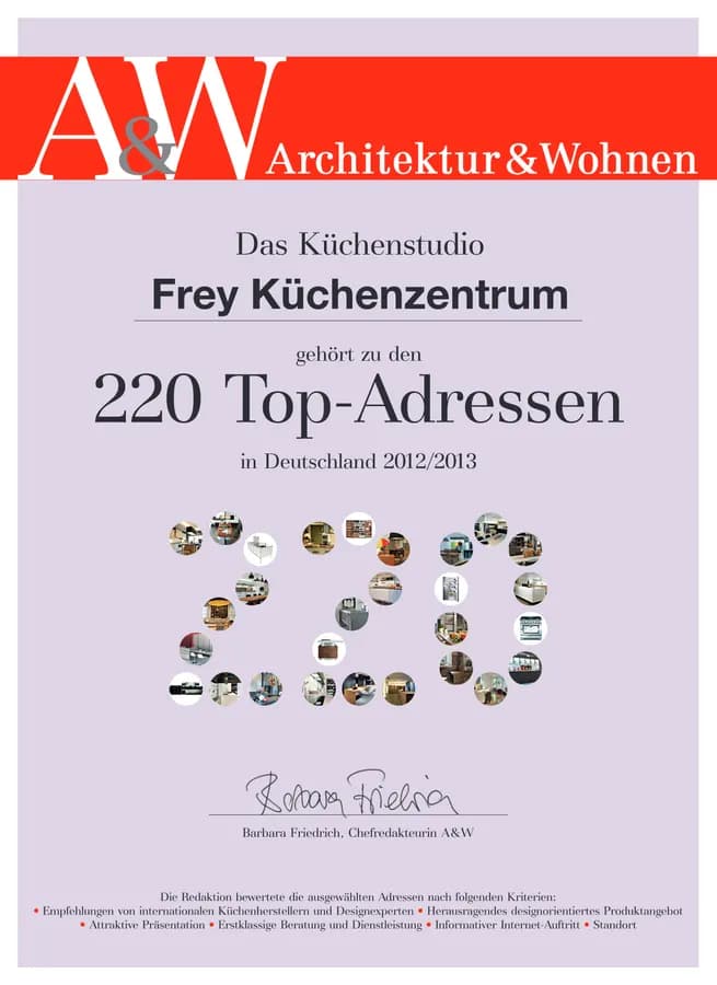 Diplôme AW : Frey Küchenzentrum figure parmi les 220 adresses de référence en Allemagne 2012/2013
