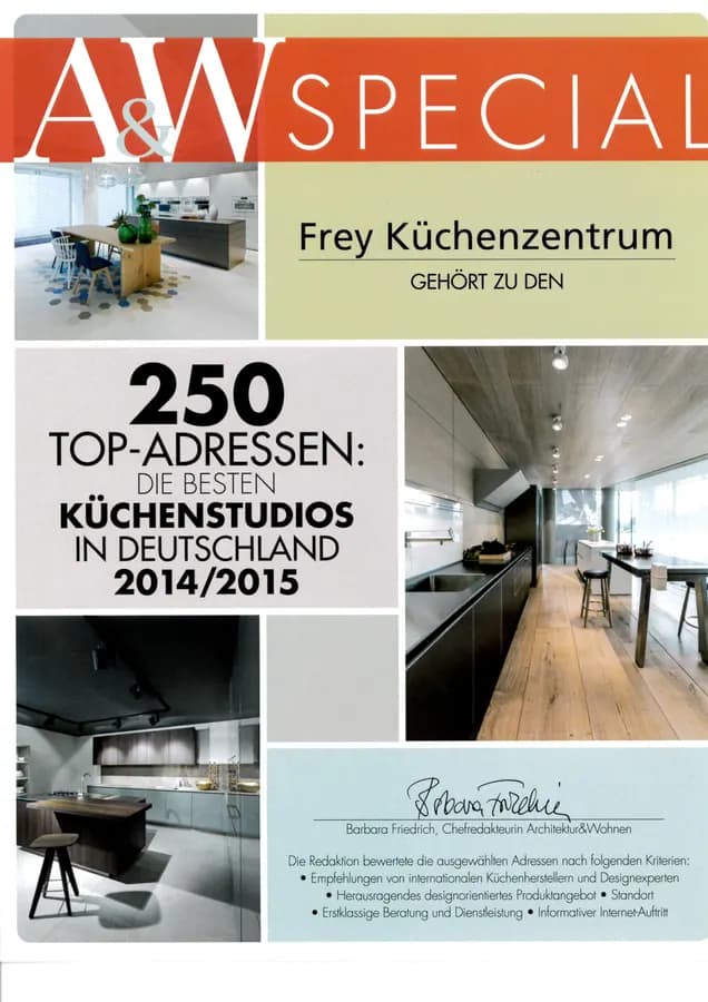 AW Special : Frey Küchenzentrum figure parmi les 250 adresses de référence, les meilleurs cuisinistes d'Allemagne 2014/2015