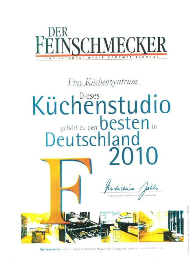 Diplôme Feinschmecker 2010 : « Dieses Küchenstudio gehört zu den besten in Deutschland », Frey Küchenzentrum