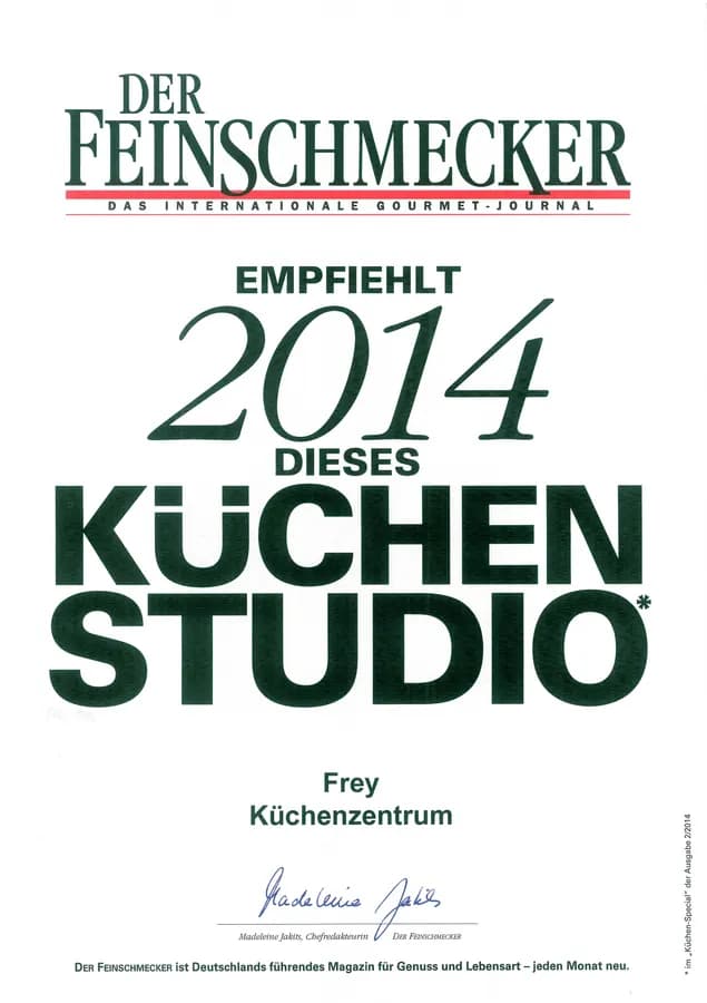 Diplôme Feinschmecker 2014 : « Empfiehlt dieses Küchenstudio », Frey Küchenzentrum