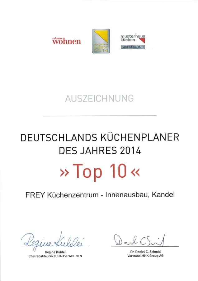 Diplôme du concours 2014 « Deutschlands Küchenplaner des Jahres », catégorie Top 10, pour Frey Küchenzentrum-Innenausbau, Kandel