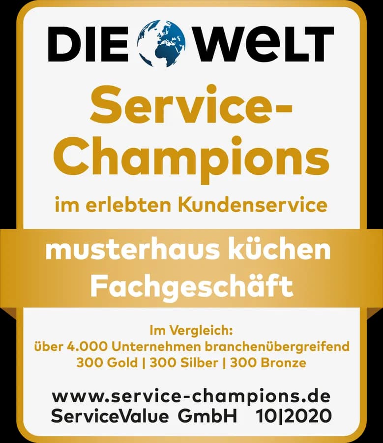 Sceau d'or « Service-Champions 2020 im erlebten Kundenservice » : DIE WELT / ServiceValue, magasin spécialisé musterhaus küchen