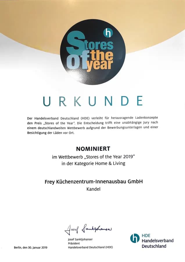 Diplôme : Frey Küchenzentrum-Innenausbau GmbH, concours « Stores of the Year 2019 », catégorie Home & Living